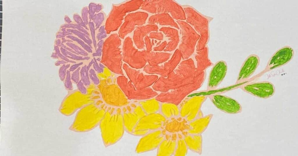 Flowers watercolored in coral, yellow and purple with green leaves for blog post Try Your Hand at Watercoloring with Chalk Couture