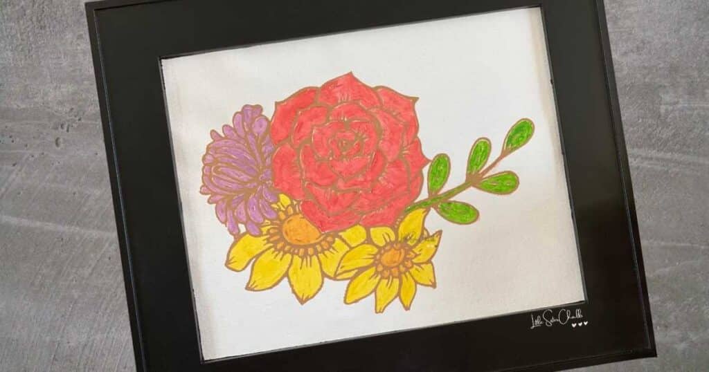Completed watercolor of coral, yellow and purple flowers with green leaves in a back frame for blog post Try Your Hand at Watercoloring with Chalk Couture