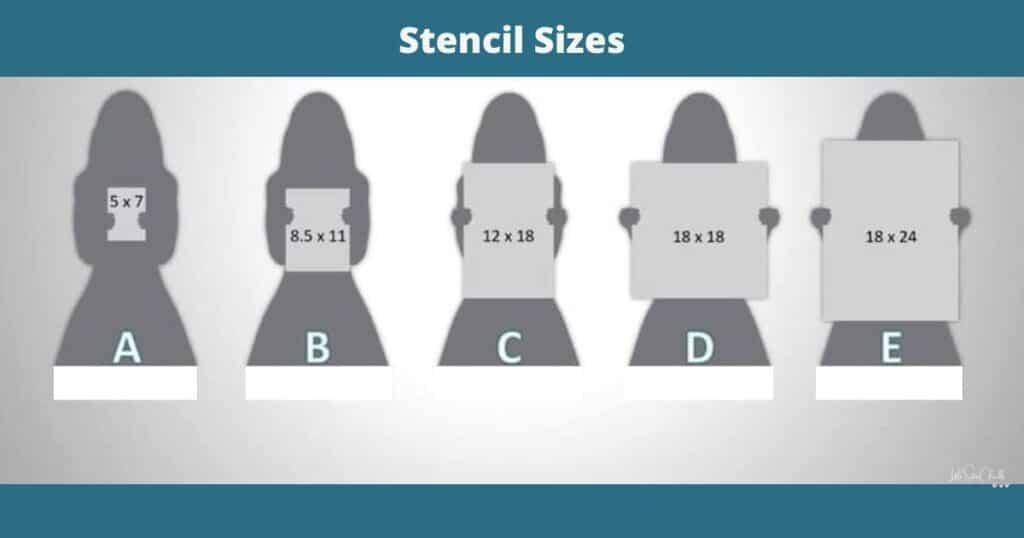 Female silhouettes holding stencils in 5 sizes, A 5" x 7", B 8.5" x 11", C 12" x 18", D 18" x 18", E 18" x 24" for blog Chalk Couture Stencil Guide