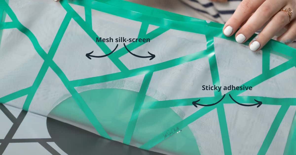 Chalk Couture stencil showing silk-screen and adhesive portions