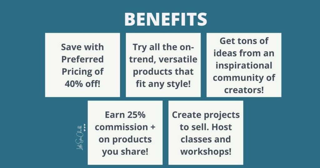 Graphic with 5 boxes showing Benefits of joining Chalk Couture: 1. Save with preferred pricing of 40% off, 2. Try all the on-trend, versatile products that fit any style!, 3. Get tons of ideas from an inspirational community of creators!, 4. Earn 25% commission plus on products you share!, 5. Create projects to sell. Host class and workshops! for the blog post Top 5 Reasons to Become a Chalk Couture Designer