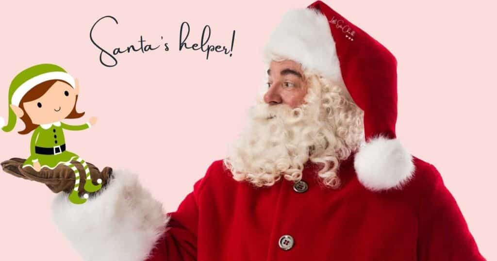 Santa holding his right hand out looking to his left with a little elf sitting in his hand with the words "Santa's helper!" for blog post Chalk Couture Black Friday Deals