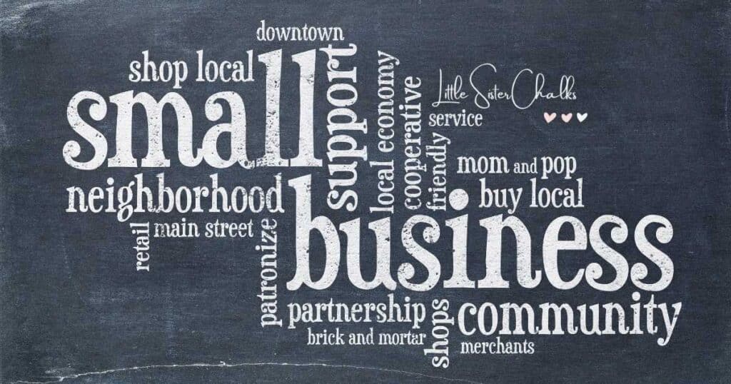 Chalkboard background with word cloud of words relating to small business, shop local, community, etc. for blog post Pump Up Your Shopping Experience with Multi-vendor Markets