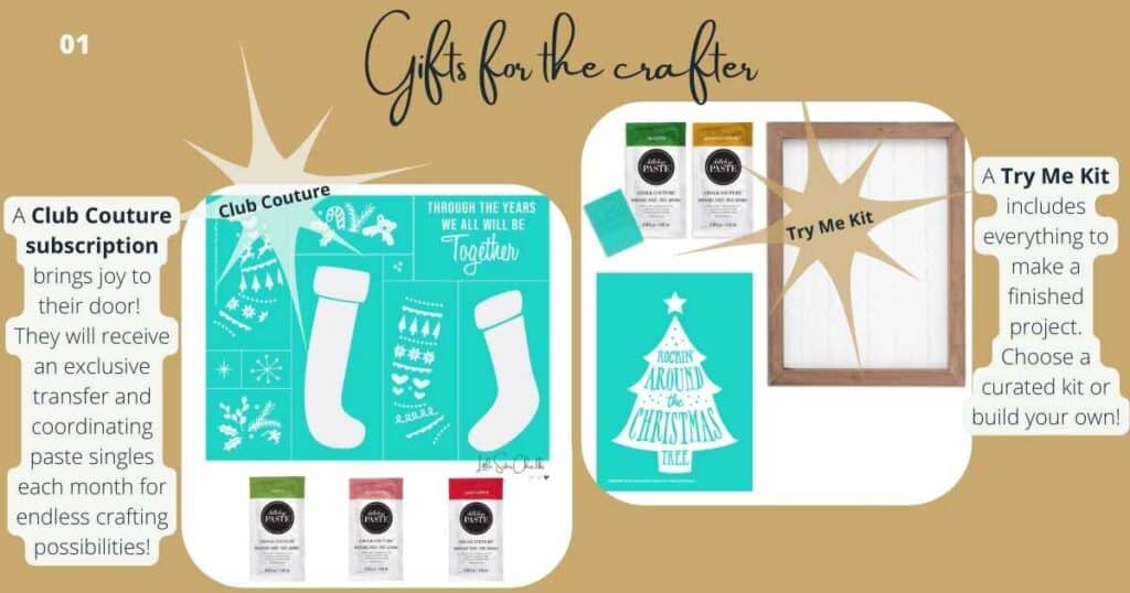 Words "Gift ideas for the crafter" above a photo of the Club Couture subscription and a Try Me Kit both including stencils and chalk paste for blog post The Official Little Sister Chalks Gift Guide