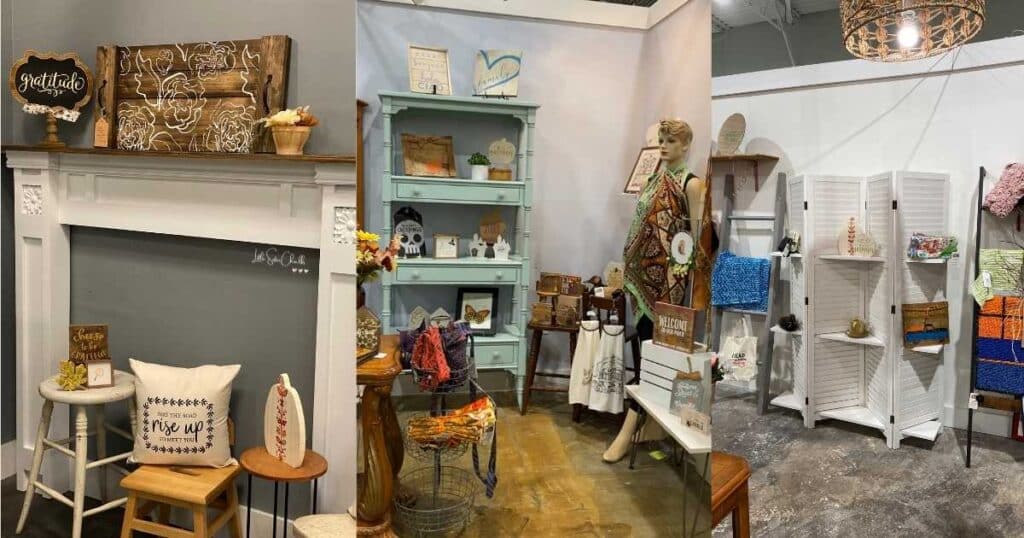 Collage of 3 photos of Painted Tree booth spaces: 1. fireplace front with wood signs on mantel and on stools in front of fireplace, 2. blue shelves with various wood signs flanked by stool with small wood signs and mannequin wearing scarf, 3. white shelves with signs flanked by blanket ladders on each sign with blankets for blog post Pump Up Your Shopping Experience with Multi-vendor Markets
