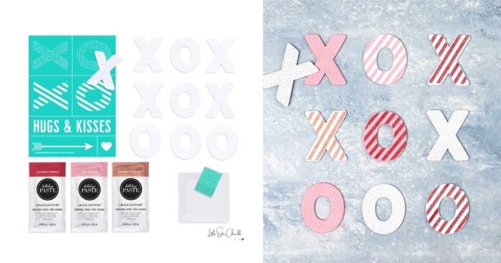 XOXO cutouts shown with XOXO stencil, 3 past packets, a color tray and a squeegee next to Xs and Os chalked in pink, red and gold stripes and painted in pink and white for blog post Grab Two New Project Kits While Supplies Last