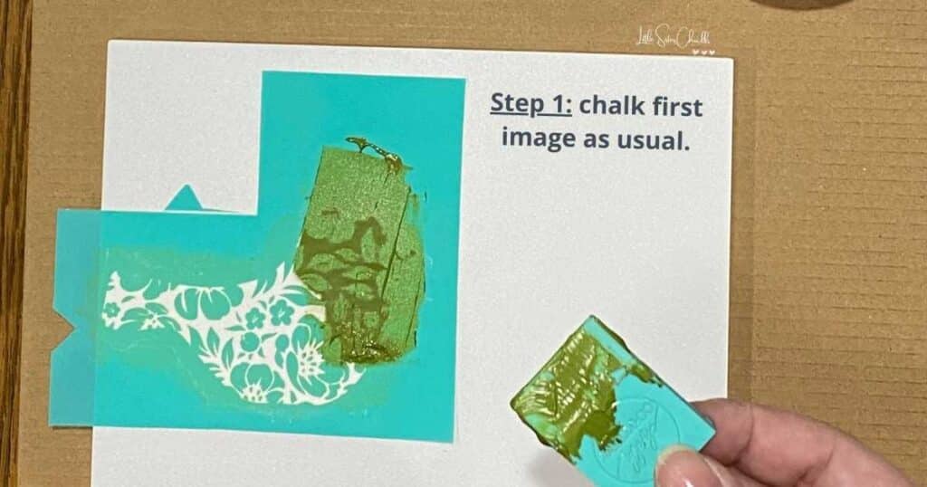 Bird stencil on a white background partially chalked in green chalk paste with the words "Step 1: chalk first image as usual" for blog post Creating Mirror Images Using Chalk Couture
