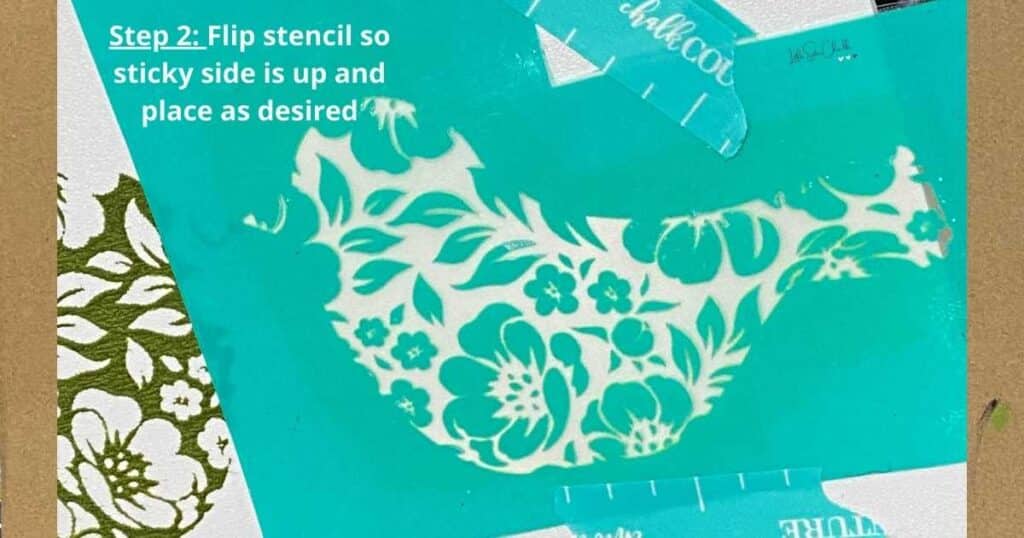 Image of a bird stencil with the words "Step 2: flip stencil so sticky side is up and place as desired" for blog post Creating Mirror Images Using Chalk Couture
