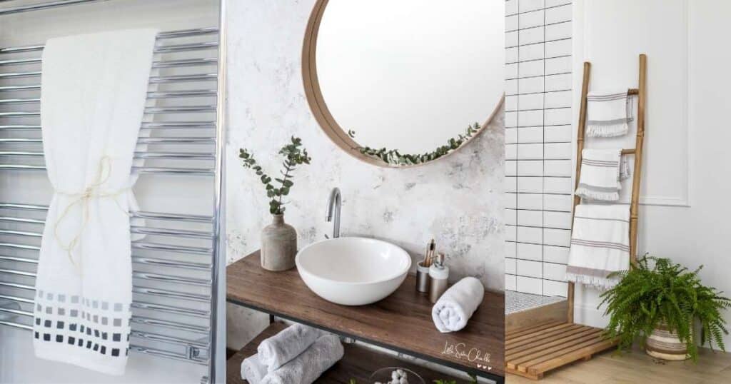 A series of pictures showing a white towel on a silver towel bar tied with a white ribbon, a vanity with a sink with a mirror hanging on the wall above with a vase holding eucalyptus leaves and rolled up white towels, and a ladder holding striped white towels next to a plant on the floor and a bamboo bath mat for the blog post Simple Tips to Update Your Bathroom Decor