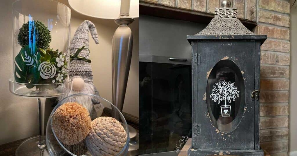 Two photos side by side: 1. Photo of container faux etched with flowers holding green spheres surrounded by a gnome, lamp and container holding neutral colored spheres on the left, 2. a dark wooden lantern with a silver top and oval glass on the door faux etched with a plant in a container with a heart for blog post Faux Etching with Chalk Couture