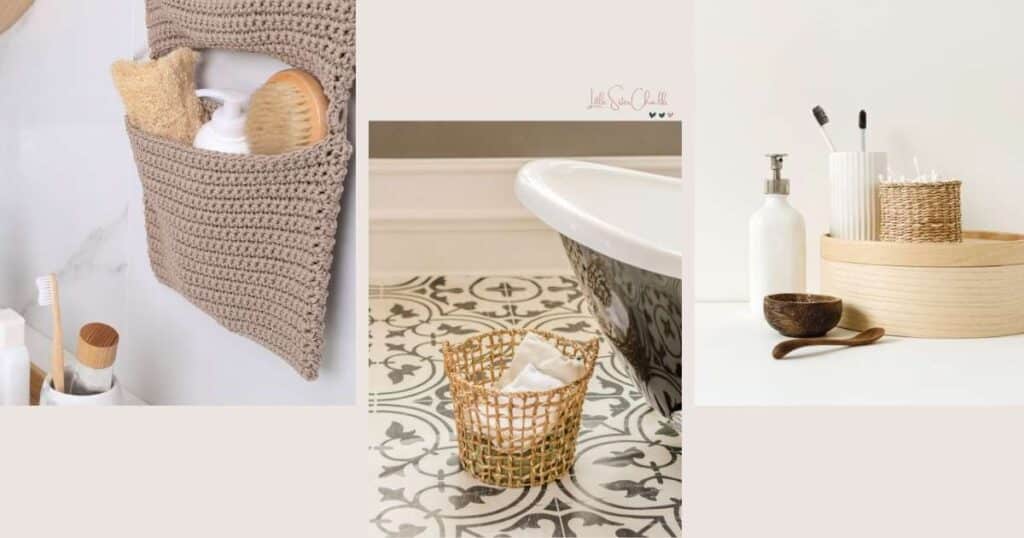 A series of photos showing bathroom storage including a knit wall hanger with a pocket holding a loofah, a lotion dispenser and a brush, a basket on a white and black patterned floor holding white towels next to a tub and a bamboo container with a white toothbrush holder holding 2 toothbrushes, a woven container holding q-tips and a bottle of lotion for the blog post Simple Tips to Update Your Bathroom Decor