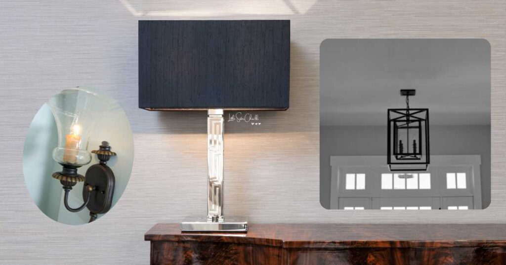 A lamp with a silver base and black lamp shade on a table with inset photos of a sconce with tulip shaped glass and an inset photo of a metal ceiling light for the blog post Tips for Updating Your Entryway