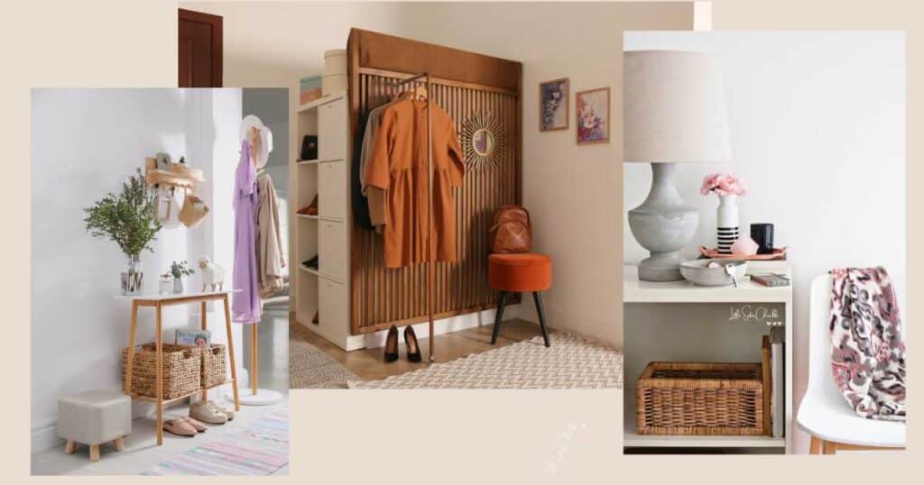 A collage of entry way designs including a small table with baskets underneath flanked by a coat hanger, a bar with a rust colored coat hanging on it and black pumps beneath it attached to a wooden slat wall with a rust colored velvet stool holding a brown leather purse with a starburst mirror behind it and two framed photos hanging on the wall to the right of the stool, and a white chair holding a flowered throw blanket next to a table with a grey lamp, a white striped vase with a pink flower and a trinket dish and basket for the blog post Tips for Updating Your Entryway
