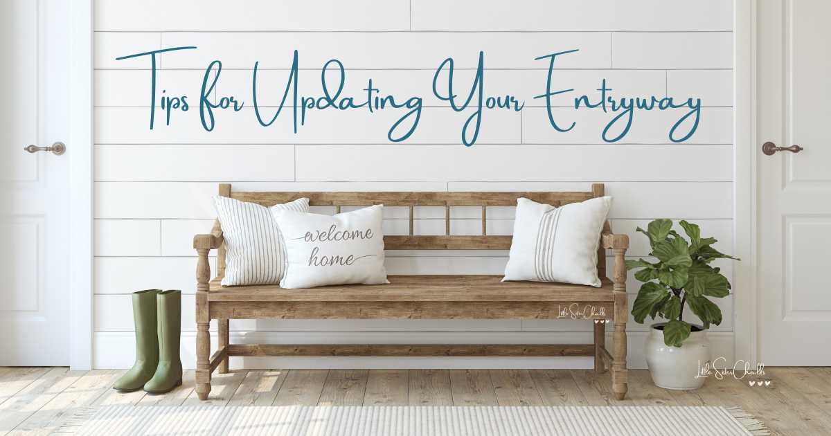 The words "Tips for Updating Your Entryway" over a bench with pillows in an entry