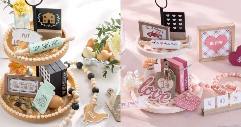 Photos of the Chalk Couture Farmhouse Tiered Tray (including a mini rolling pin, mini book stack, mini box frame, milkcan cutout, pig cutout and farmhouse beads) and the Chalk Couture Valentine's Tiered Tray (including a mini rolling pin, mini book stack, mini board and base, mini box frame, the word love cut out of wood, a wooden heart) for the blog Tiered Tray Decorating the Easy Way.