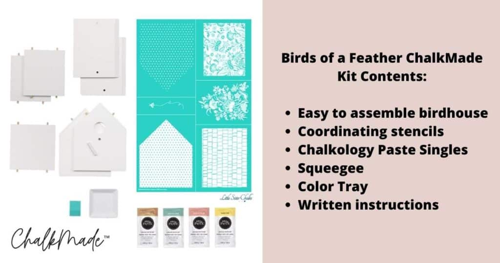 A photo of the Chalk Couture Birds of a Feather ChalkMade Kit contents accompanied by a written list of the contents: an easy to assemble birdhouse, coordinating stencils, Chalkology Paste singles, a squeegee, a color tray and written instructions for the blog post "Birdhouse Decor Isn't Just for Your Garden".