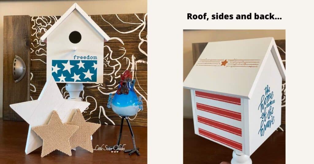 On the left is a photo of the front of the Chalk Couture Birds of a Feather ChalkMade Kit decorated with stars and the word freedom displayed with a wooden white start and 2 burlap starts and a tall red, white and blue glass bird; on the right is a photo of the roof with a copper star and stripes, the side in red and white stripes and the back with "the home of the brave" in blue letters for the blog post "Birdhouse Decor Isn't Just for Your Garden".