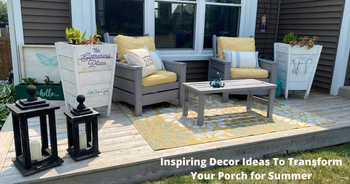A picture of a porch with black lanterns, white wood planters, grey wood chairs with yellow cushions and pillows, a yellow area rug with zinnias on it for the blog post "Inspiring Decor Ideas to Transform Your Porch for Summer".