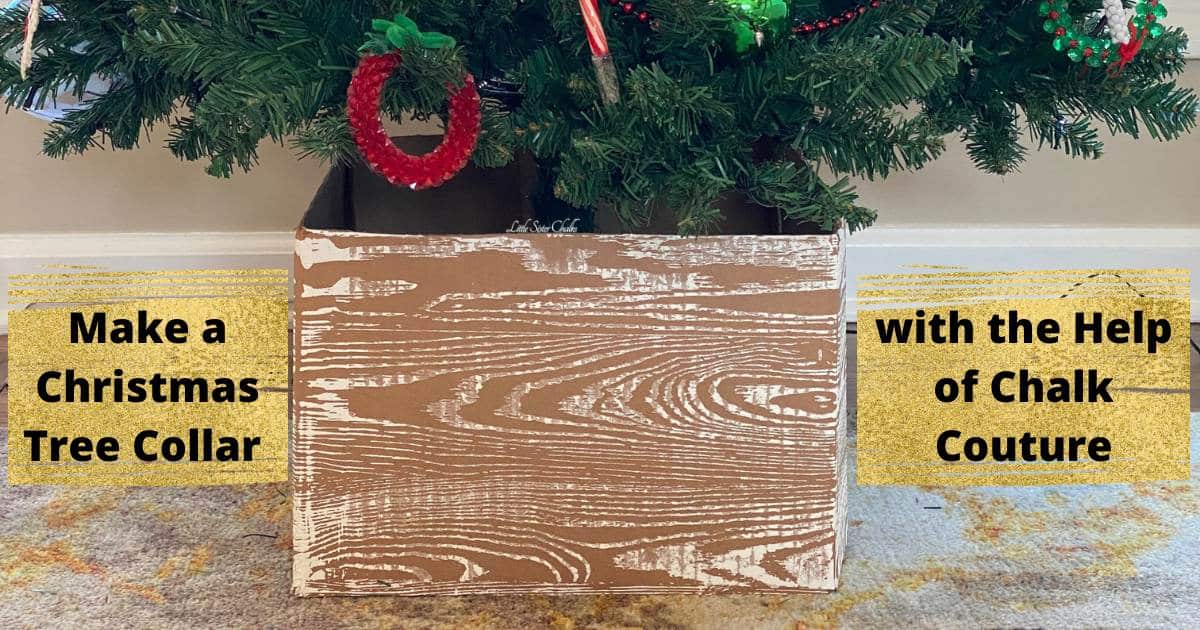 A DIY cardboard Christmas Tree Collar that looks like wood for the blog "Make a Christmas Tree Collar with the Help of Chalk Couture".