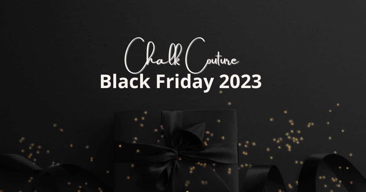 Packages wrapped all in black on a black background with gold confetti for the blog post "Chalk Couture Black Friday 2023".