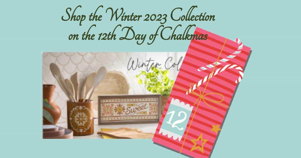 A photo of home decor made with the new Chalk Couture Winter 2023 Collection available starting on the 12th Day of Chalkmas with a red striped package with the number 12 on it.