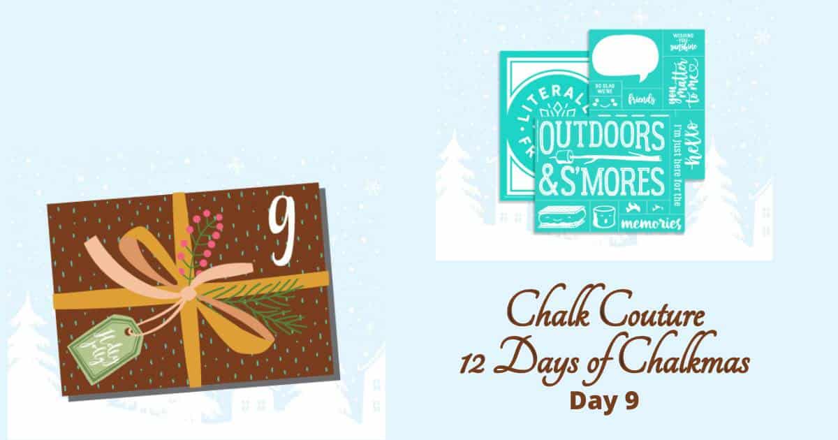 A brown package with the number 9 flanked by a photo with stencils layered on top of each other and the words "Chalk Couture 12 Days of Chalkmas Day 9" for the blog "9th Day of Chalkmas".