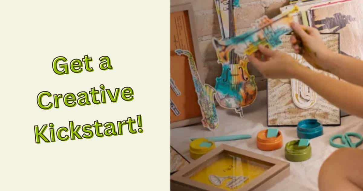 A photo on the right of hands and several chalk projects including band instruments with open jars of chalk paste in orange, blue and green with the words "Get a Creative Kickstart" on the left for the blog post "2024 Creative Kickstart Collection."
