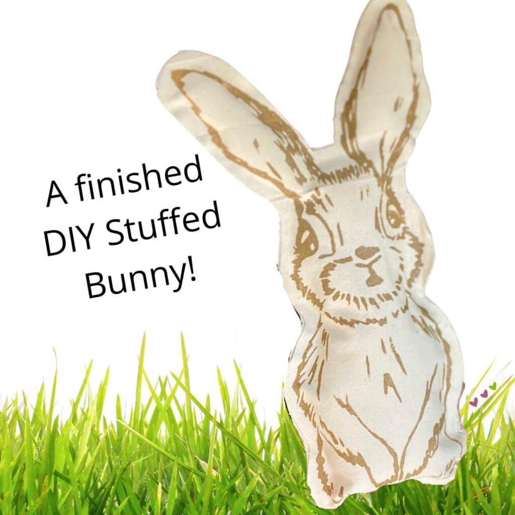 A stuffed bunny on a background of grass flanked by the words "A finished DIY Stuffed Bunny" for the blog post "Nine Ways to Use a DIY Stuffed Bunny in Your Decor this Spring".