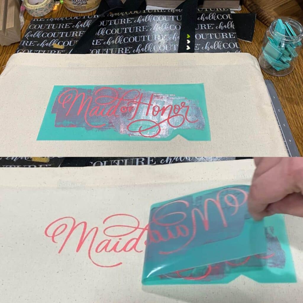 Two photos: one showing a Chalk Couture Ink mat inside a canvas tote with a stencil covered in Chalk Couture Chalkology Ink in Couture Coral and the other showing a hand pulling up the stencil to reveal the inked design on the canvas tote for the blog post "Customize Your Hats & Totes with Chalk Couture Ink".