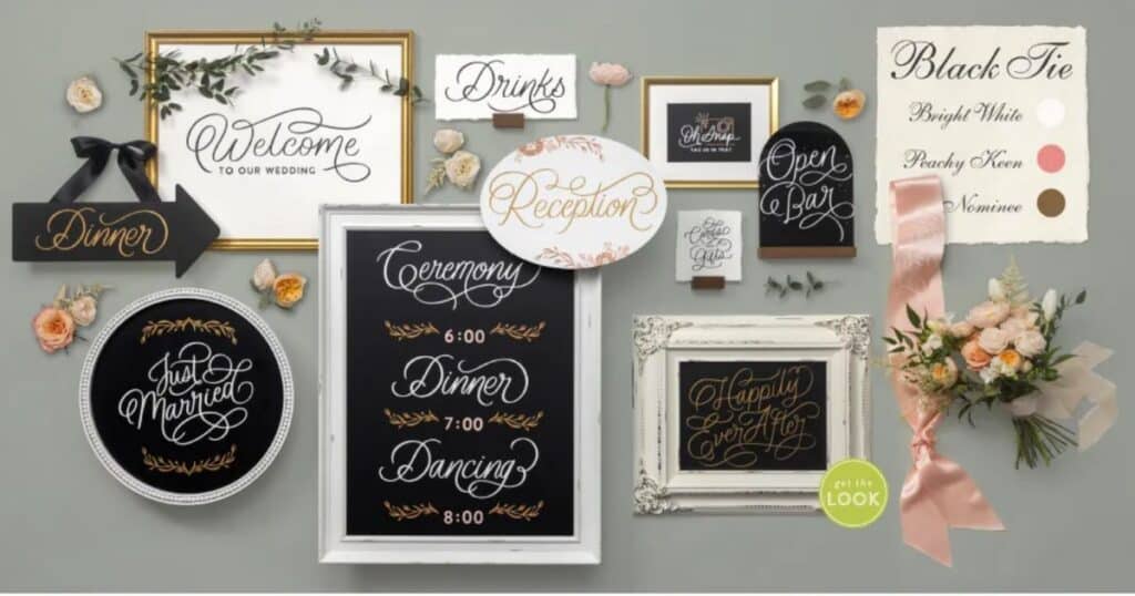 Ten different wedding decorations for a Black Tie theme in black, white and gold including a welcome sign, a black arrow pointing to dinner, and a just married sign, along side a bouquet of roses with a peach sash for the blog post "Create One of a Kind Party Decorations with Chalk Couture".
