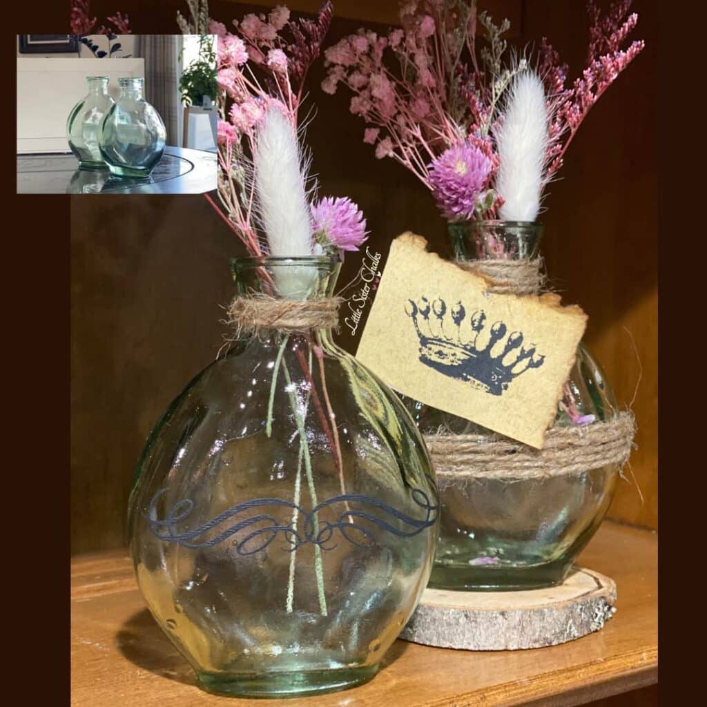 Two glass bottles with chalk paste designs and twine with a before picture in the upper left-hand corner for the blog post "Thrift Flips: 5 Projects in 5 Days for an Earth Day Challenge".