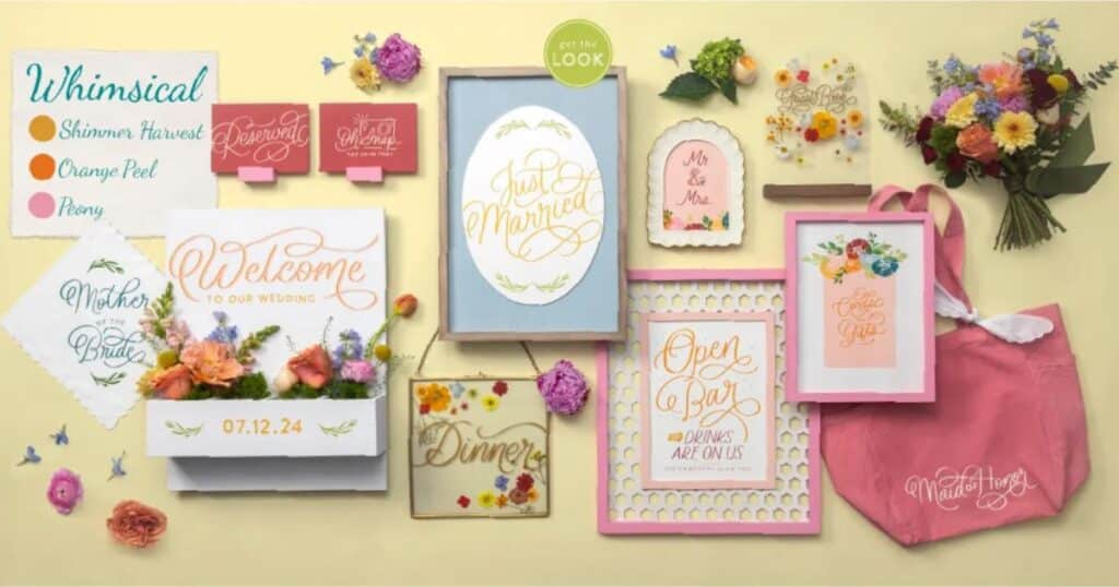 Ten different wedding decorations for a Whimsical theme in yellow, orange, pink and blue including a welcome to our wedding white flower box, a just married sign in yellow on a blue background, and an acrylic dinner sign along side a bouquet of colorful flowers and a pink maid of honor tote bag for the blog post "Create One of a Kind Party Decorations with Chalk Couture".