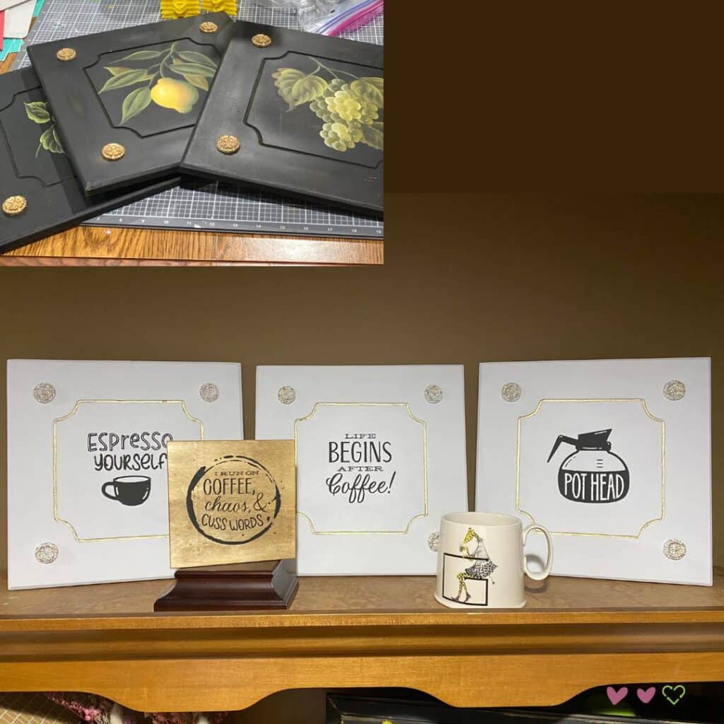 Three square white wood signs with designs chalked in black chalk paste: left "Espresso Yourself" with a small cup, center "Life Begins After Coffee!" and right a picture of a coffee pot with the words "Pot Head" displayed with a small wood sign with the words "I run on Coffee, Chaos & Cuss Words" and mug with a giraffe wearing a dress sitting at a desk drinking coffee with an inset photo of the three wood signs before their transformation painted black with fruit designs for the blog post "Thrift Flips: 5 Projects in 5 Days for an Earth Day Challenge".