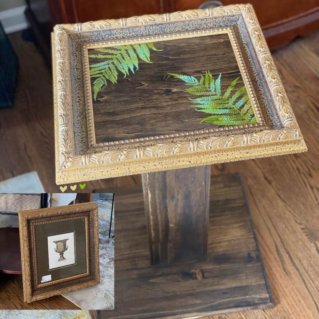 A table made from a frame with fern designs chalked in green and gold with a before picture of the frame inset on the bottom left for the blog post "Thrift Flips: 5 Projects in 5 Days for an Earth Day Challenge".