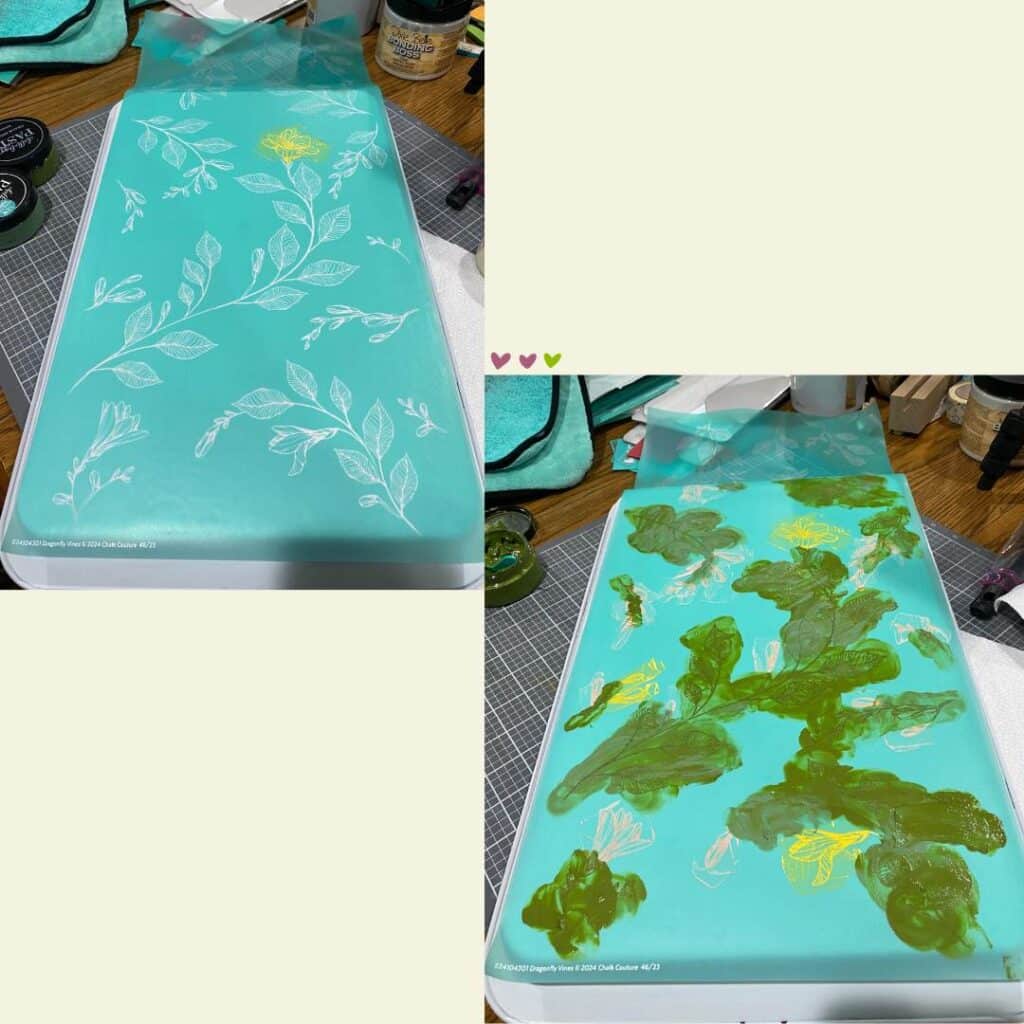 Two photos of an old cookie sheet being upcycled into a memo board using the Chalk Couture Dragonfly Vines stencil for the blog post "How to Upcycle an Old Cookie Sheet with Chalk Couture".