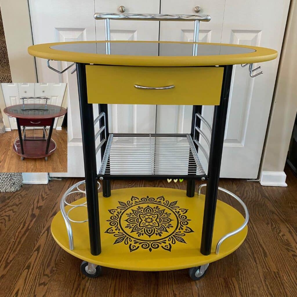 A bar cart painted in mustard yellow with a design chalked in black chalk paste on the bottom tier with a before picture inset on the left-hand side for the blog post "Thrift Flips: 5 Projects in 5 Days for an Earth Day Challenge".