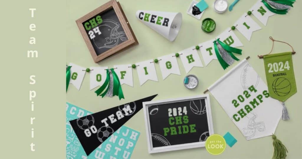 A green background with the words "Team Spirit" on the left flanked by a variety of sports signs and banners done in black, white and green for the blog post "Create One of a Kind Party Decorations with Chalk Couture".