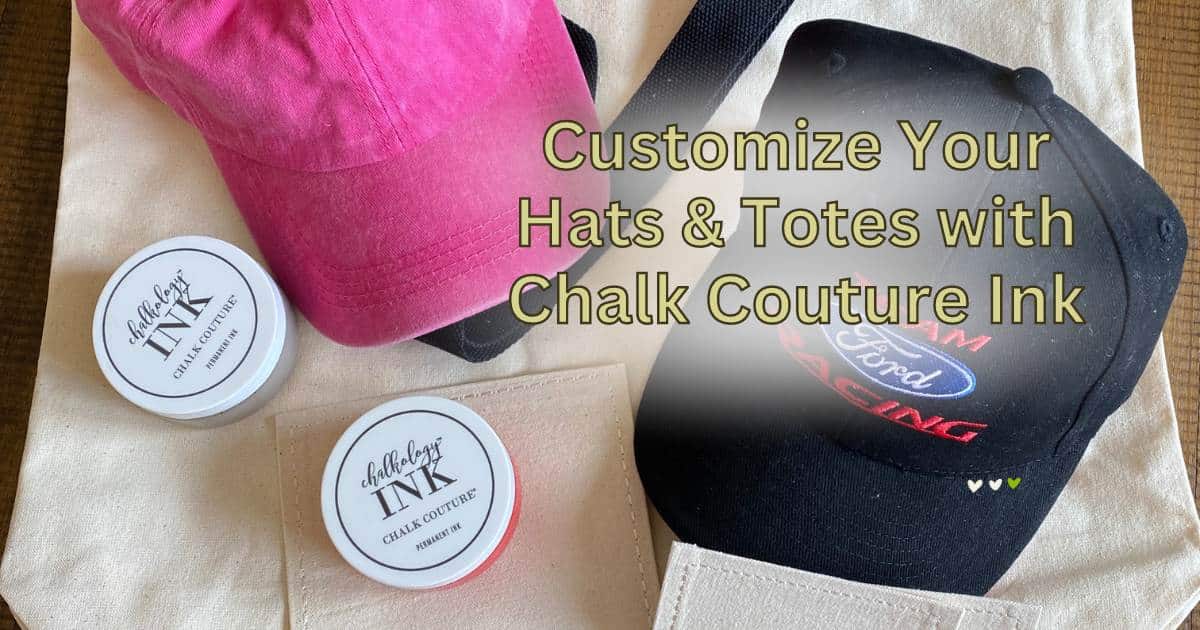 A pink cap and a black Ford Racing Team hat sitting on a canvas tote bag flanked by two jars of Chase Couture Chalkology Ink for the blog post "Customize Your Hats and Totes with Chalk Couture Ink".