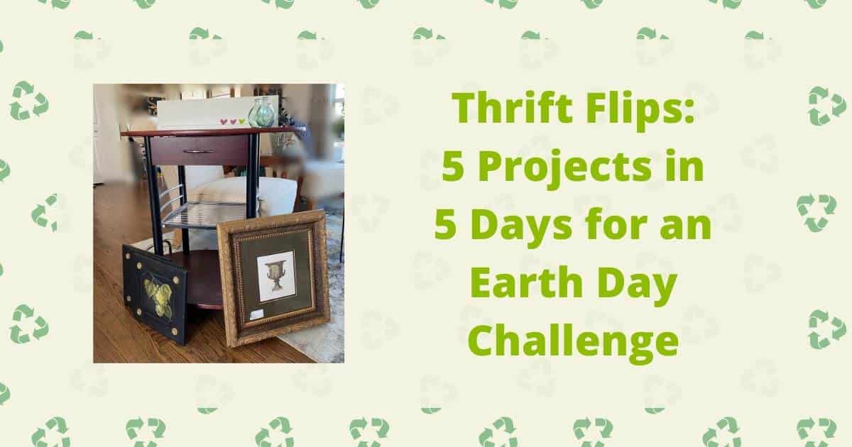 A photo of a bar cart with a white drawer front and two small glass bottles sitting on top with a frame and a set of 3 black fruit pictures with a background full of recycling icons for the blog post "Thrift Flips: 5 Projects in 5 Days for an Earth Day Challenge".