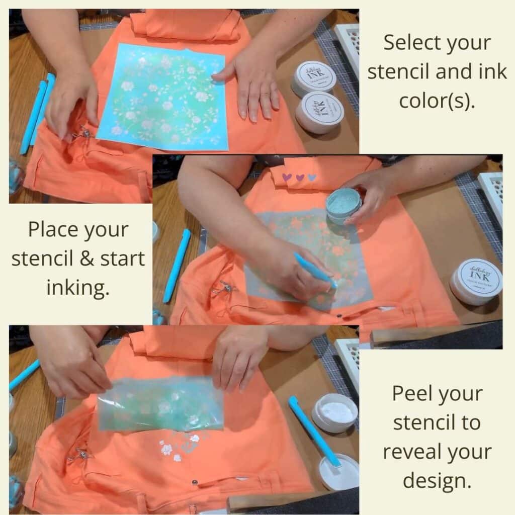 Three phots showing the stenciling process on a pair of peach capris: the top photo shows a floral stencil, two jars of ink, squeegees and a pair of hands with the words "Select your stencil and ink color(s), the middle photo shows green ink being applied to the floral stencil with the words "place your stencil and start inking", the bottom photo shows the stencil being pulled up to reveal the design of white flowers and green stems with the words "peel your stencil to reveal your design" for the blog post "Stencil & Stitch Your Style with Chalk Couture: Upcycled Bottoms Edition".