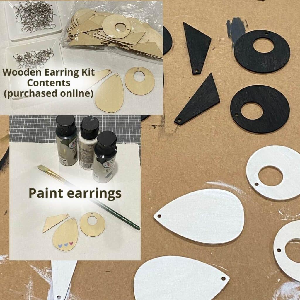 A photo of wooden earrings painted in black and white with insets of a photo of the contents of the jewelry kit they came from and another inset photo of craft paint, a paint brush and one of each earring shape (teardrop, circle with cutout and tapered pendant) for the blog post "Elevate Your Style with Wearable Art Earrings featuring Chalk Couture".