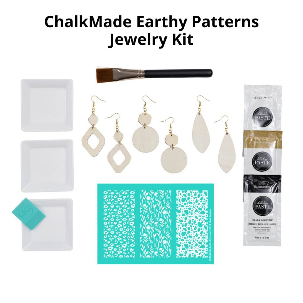 A photo of the contents of the Chalk Couture ChalkMade Earthy Patterns Jewelry Kit including a paint brush, 3 color trays, a mini squeegee, 3 paste packets in Bright White, Shimmer Gold, and Black Velvet, 3 pairs of assembled earrings, and the earthy patterns stencil design for the blog post "Elevate Your Style with Wearable Art Earrings featuring Chalk Couture".