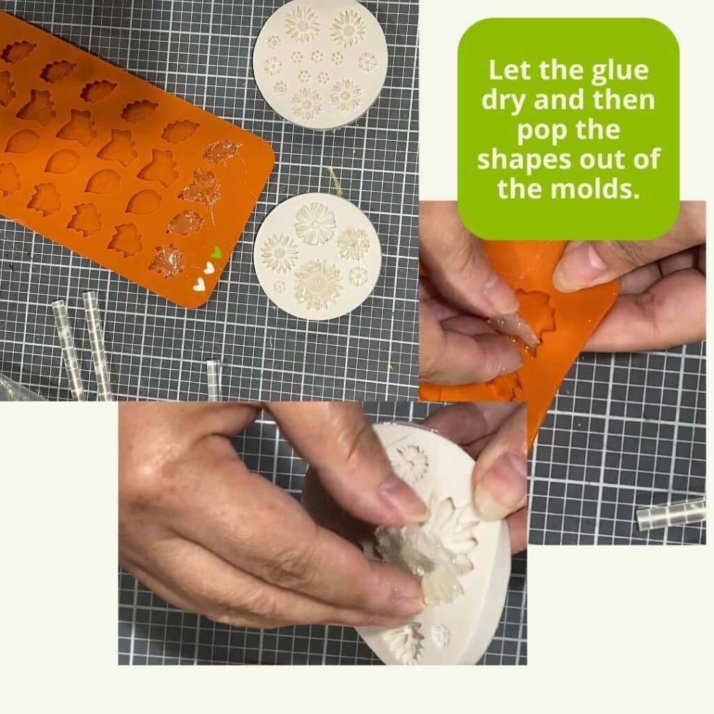 Three photos of silicone molds with instructions to "let the glue dry and then pop the shapes out of the molds": top left photo has an orange silicone leaf mold and two white round flower molds and some glue sticks, the photo on the right shows a leaf being popped out of the mold, and the bottom photo shows a flower being popped out of the mold for the blog "Transform Your Crafts with the Perfect Finish: DIY Molded Hot Glue Embellishments".