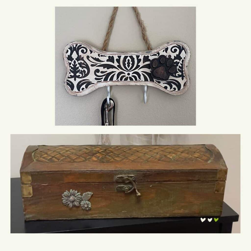 Two stacked photos: one of a white dog leash holder in the shape of a bone chalked with a damask pattern in black velvet distressed with brown and black and embellished with a molded paw print, the other is a box with a woven lid embellished with molded flowers and a leaf for the blog "Transform Your Crafts with the Perfect Finish: DIY Molded Hot Glue Embellishments".