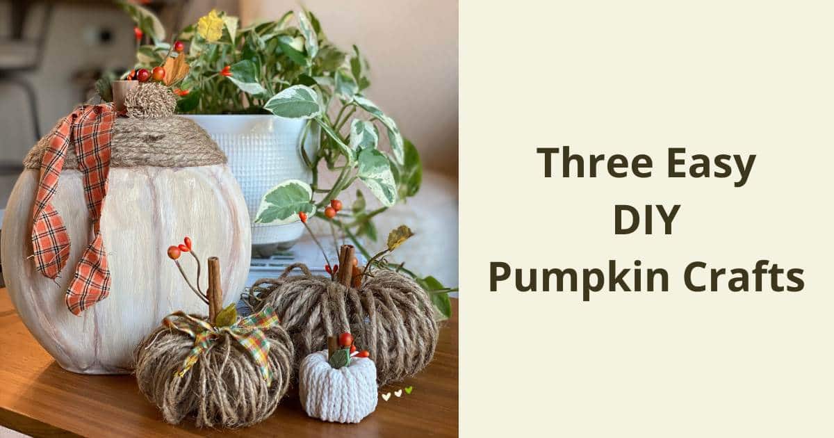 A photo of diy pumpkins including 2 made from twine, one made from a toilet paper roll and macrame cord, and one made from a Tide Pod container for the blog post "Three Easy DIY Pumpkin Crafts".