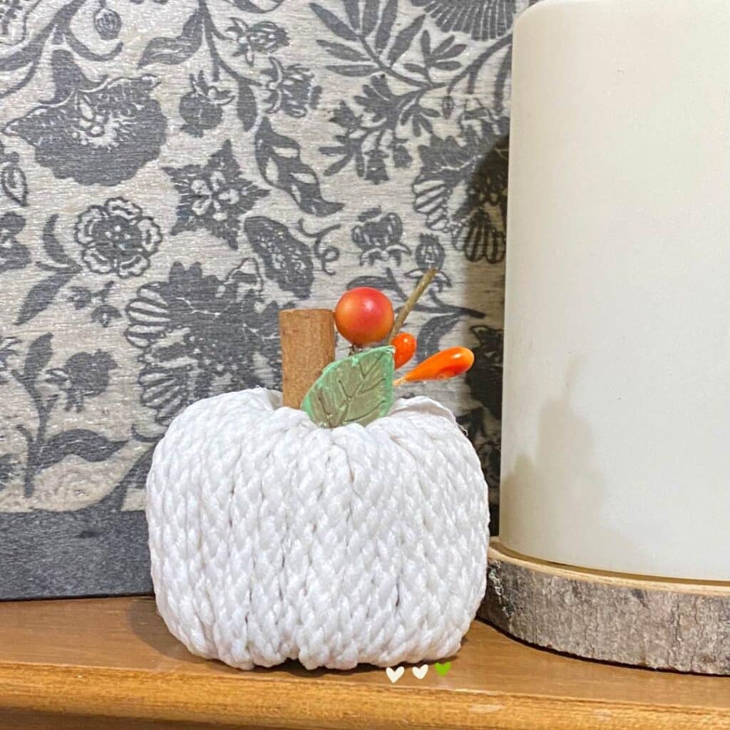 A photo of a small pumpkin made from a toilet paper roll and white macrame cord embellished with a green and brown leaf, a cinnamon stick for a stalk and some orange berries sitting on a shelf next to a box frame and candle for the blog post "Three Easy DIY Pumpkin Crafts".
