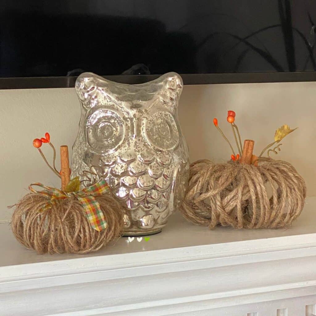 A photo of a mercury glass owl sitting on a white mantel flanked by two twine pumpkins embellished with cinnamon sticks for stalks, orange berries and leaves and a small fabric bow in orange, green, and white for the blog post "Three Easy DIY Pumpkin Crafts".