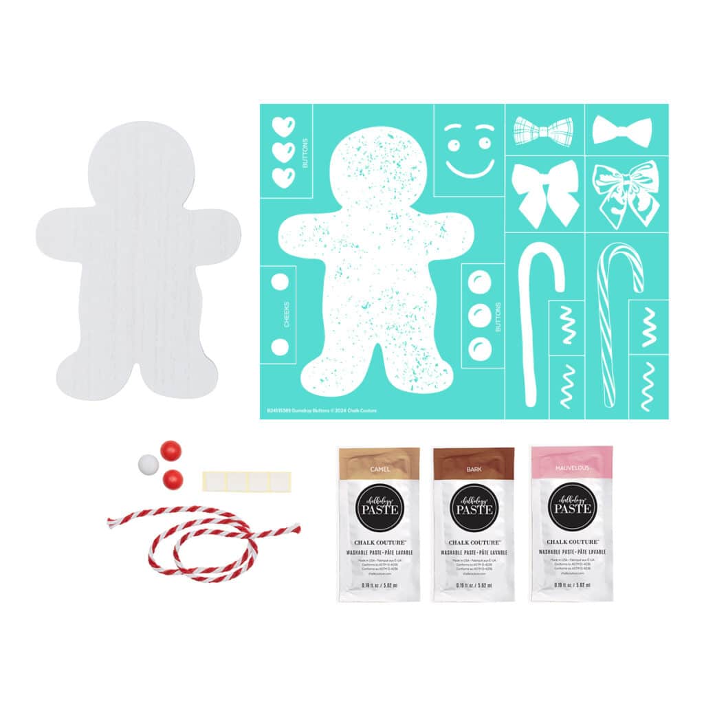 The contents of the Chalk Couture October 2024 Club Couture creative subscription box including a gingerbread man white wood cutout, Gumdrop Buttons stencil, gum drop and yarn embellishments, and one each of Bark, Camel, and Peachy Keen Chalkology® Paste Singles for the blog "Why It’s the Best Time to Join Chalk Couture’s Club Couture Subscription Box".