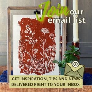 A floral design chalked in shimmery orange on a floating frame with the words "join our email list" and "get inspiration, tips and news delivered right to your inbox".
