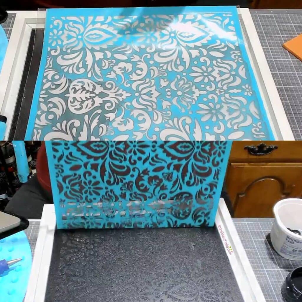 Two photos stacked on top of each other with the top photo showing a damask pattern stencil and the bottom photo showing the stencil being lifted off of a framed black chalkboard for the blog post "Valentine's Day Mixed Media Art Project".